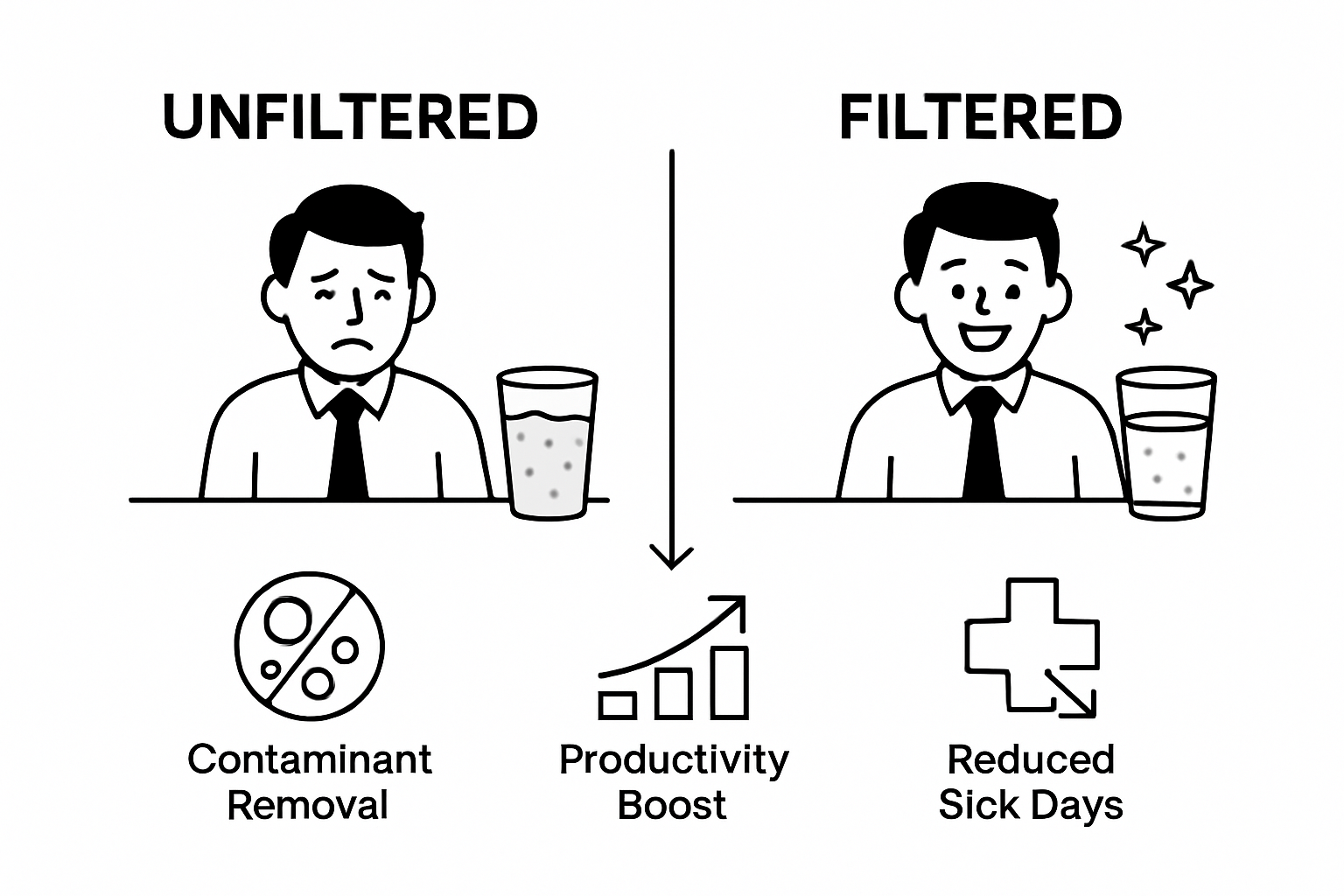 Infographic comparing health and productivity benefits of office filtered vs. unfiltered water