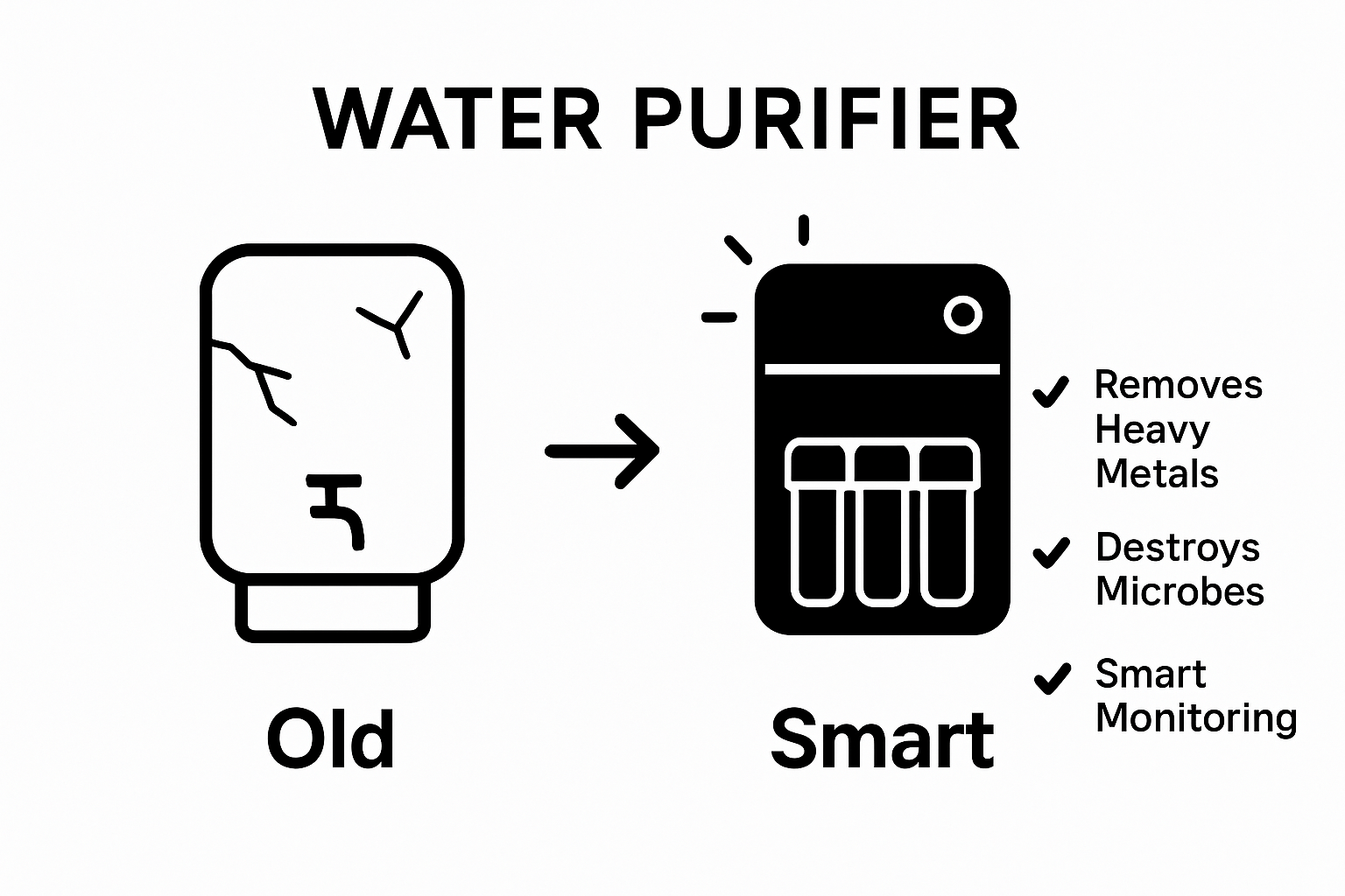 Side-by-side visual comparing old and upgraded water purifiers with key health benefits