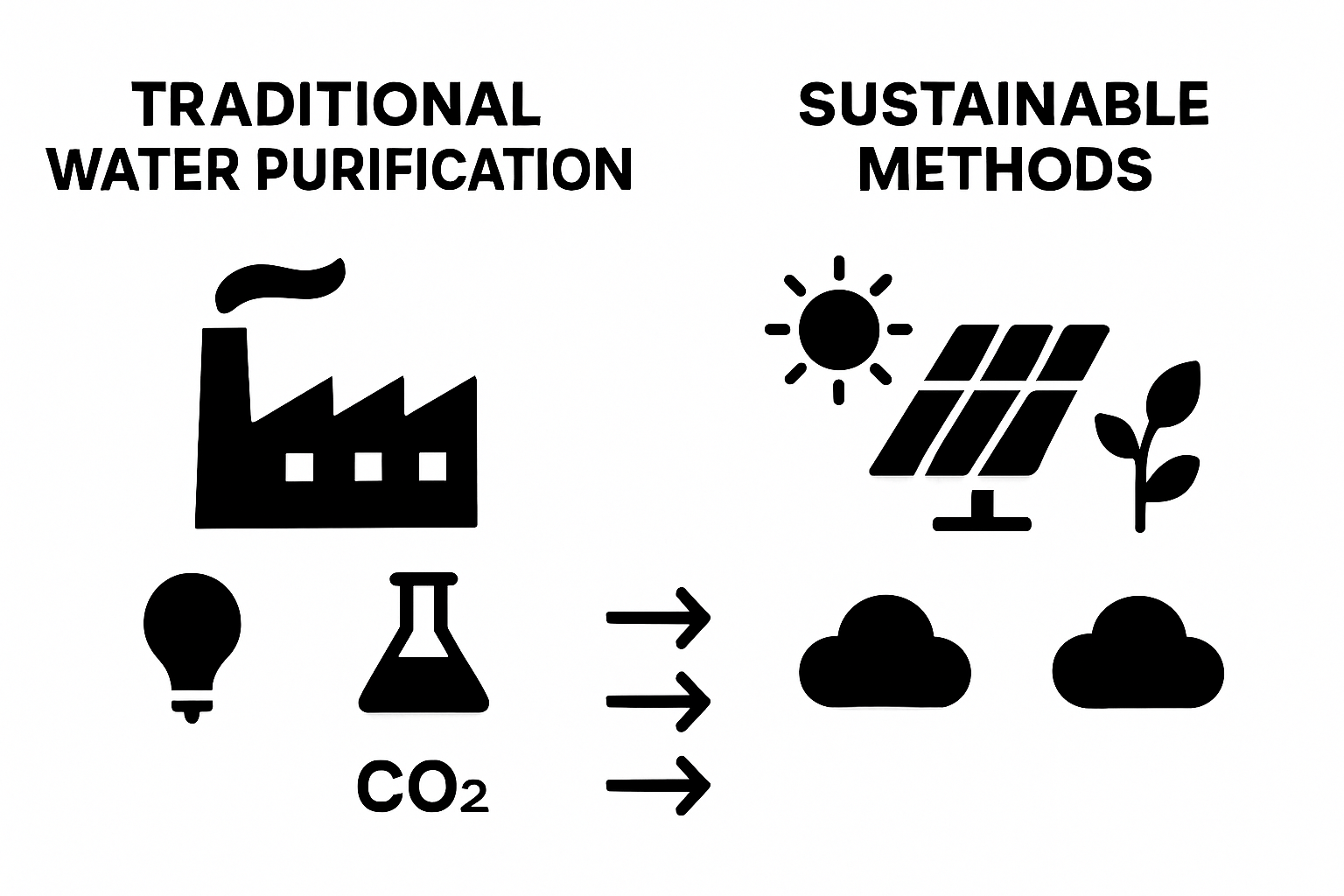 Comparison of traditional and sustainable water purification methods showing energy and environmental differences