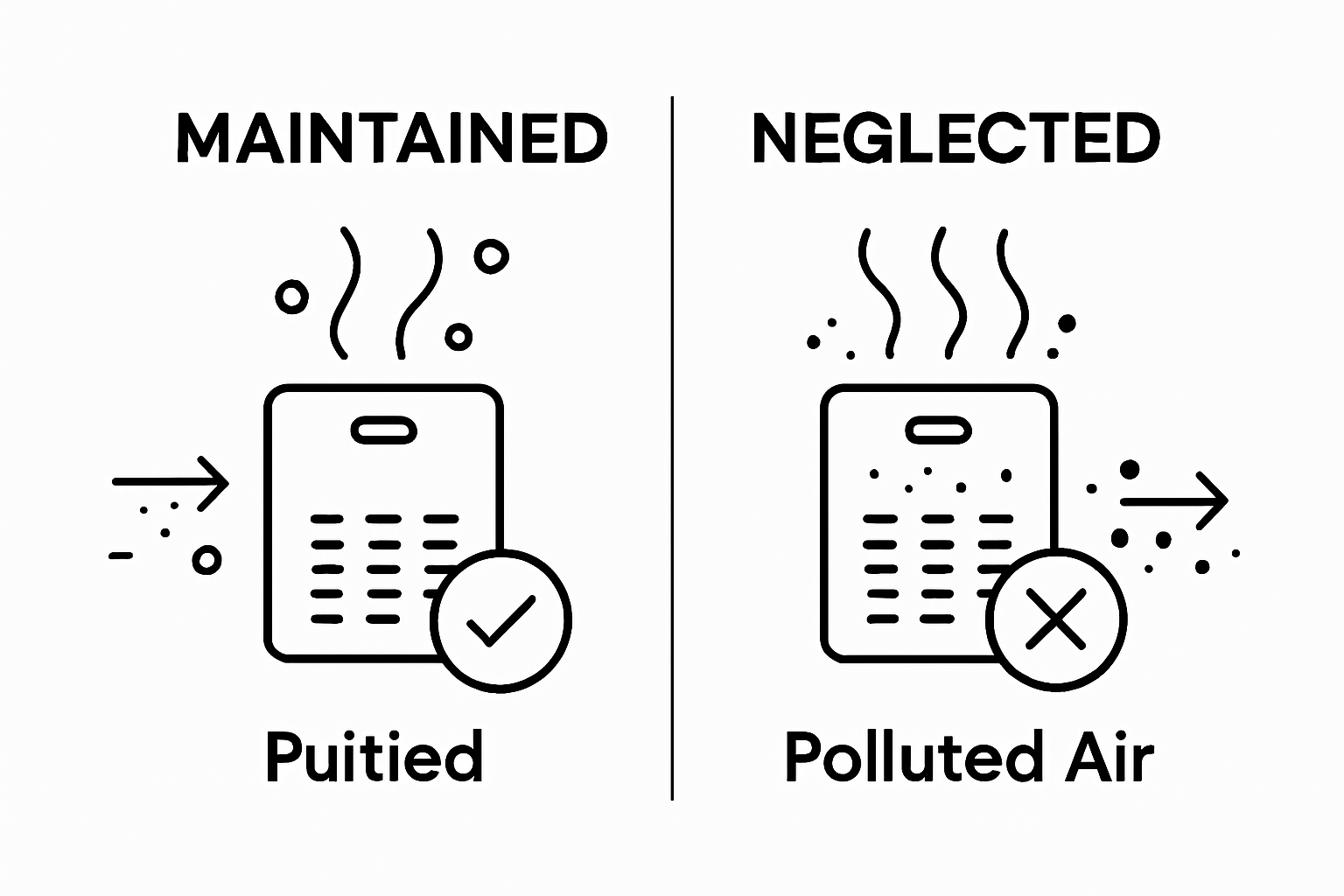 Clean vs. neglected purifier icons, airflow comparison