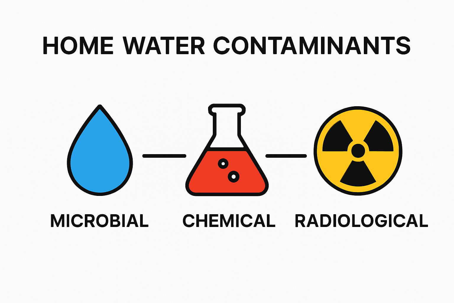 Infographic showing categories of water contaminants: Microbial, Chemical, Radiological