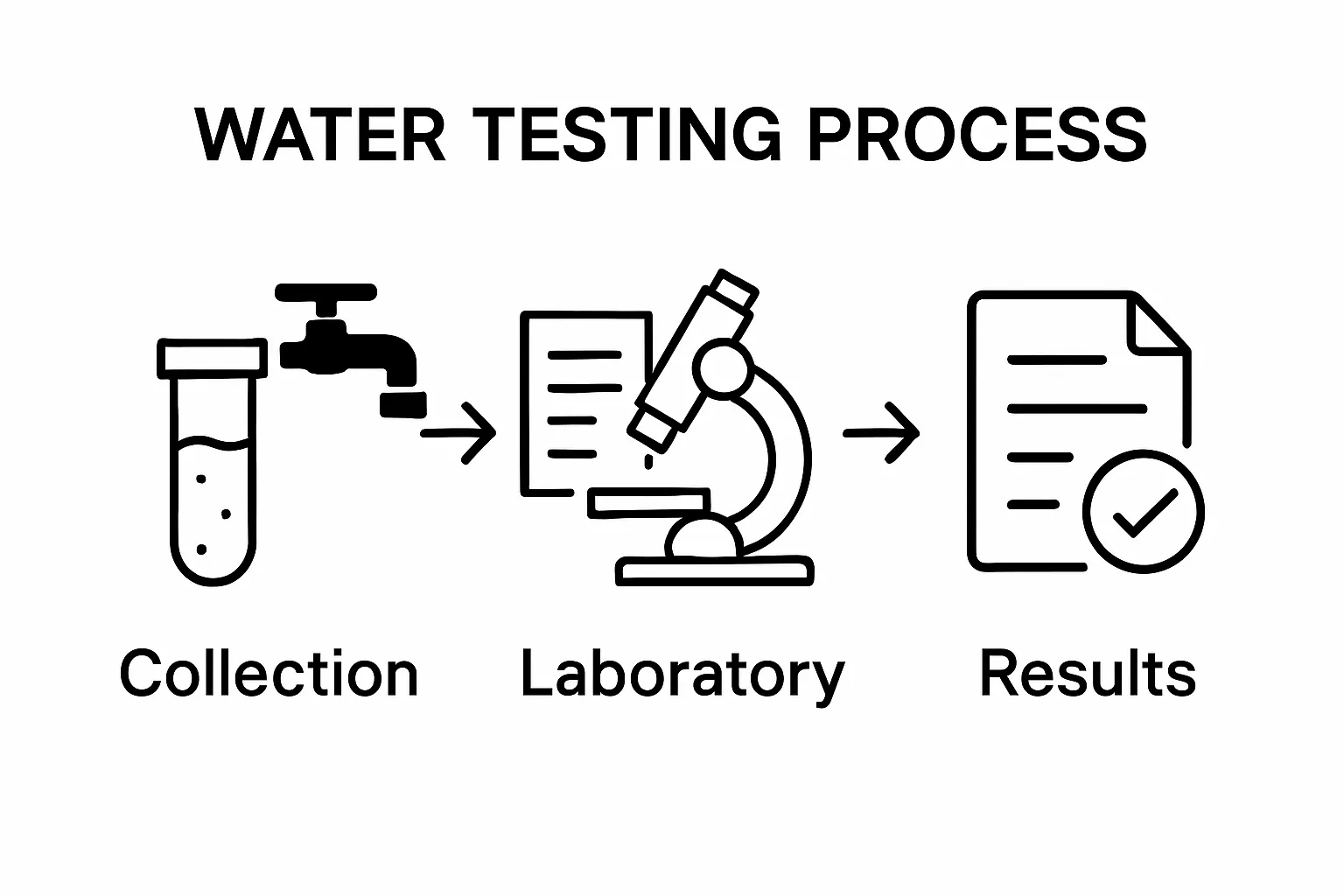 Three-step water testing process sequence infographic