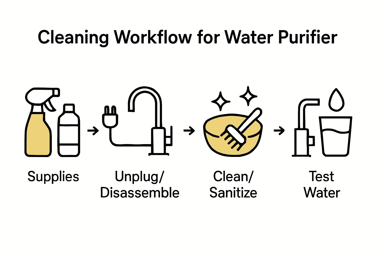Infographic showing five-step water purifier cleaning process with icons and arrows.