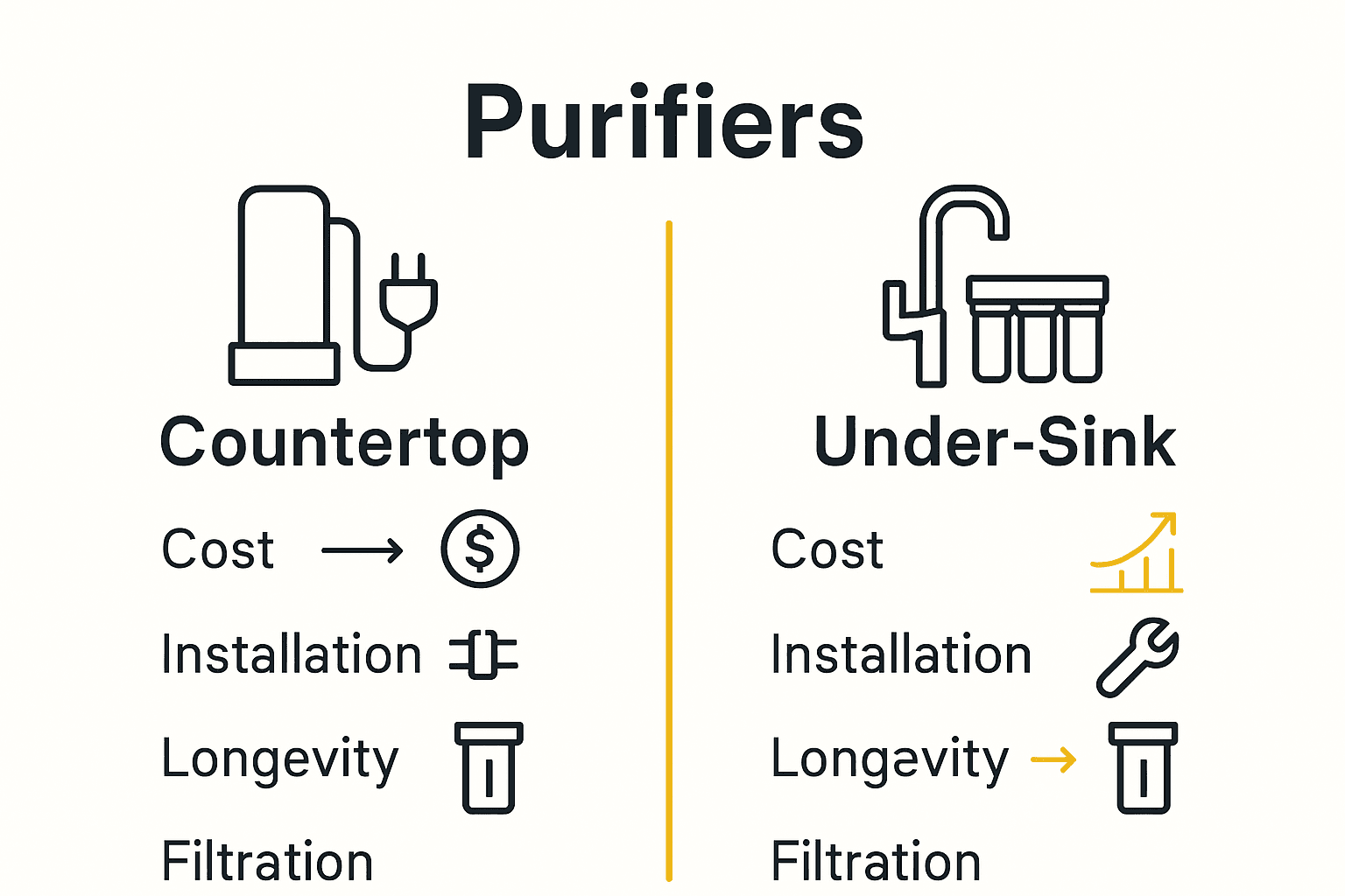 Infographic comparing under sink and countertop water purifiers by cost, installation, and longevity.