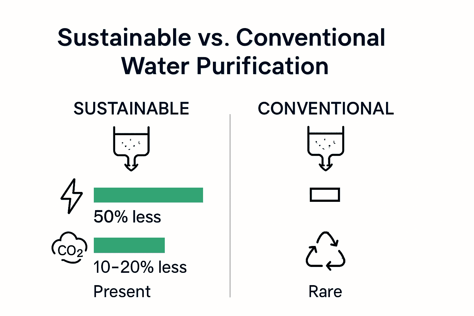 Comparison infographic showing energy, emissions, and resource recovery of sustainable vs. conventional water purification.