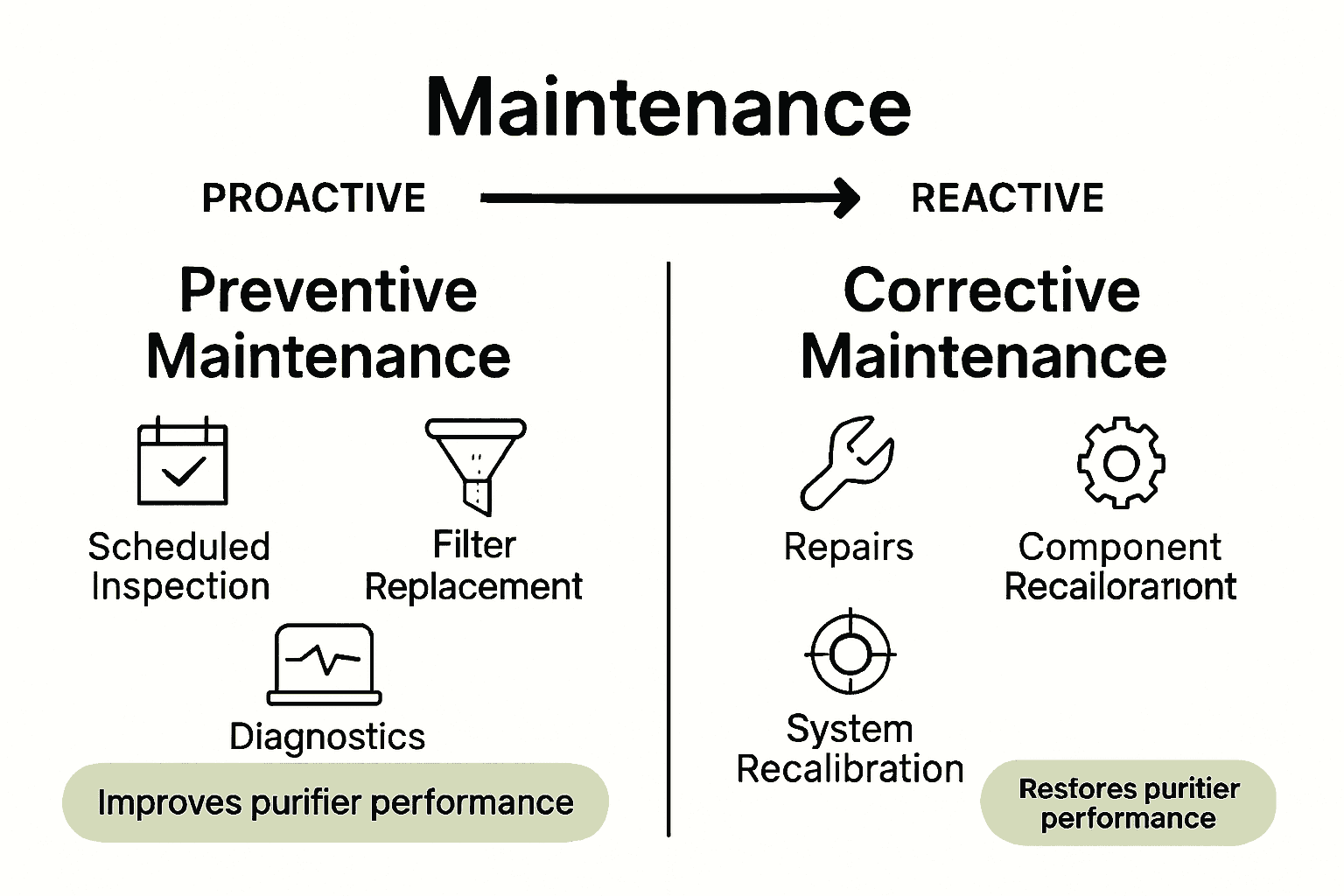 Comparison of preventive and corrective maintenance features and benefits for purifiers
