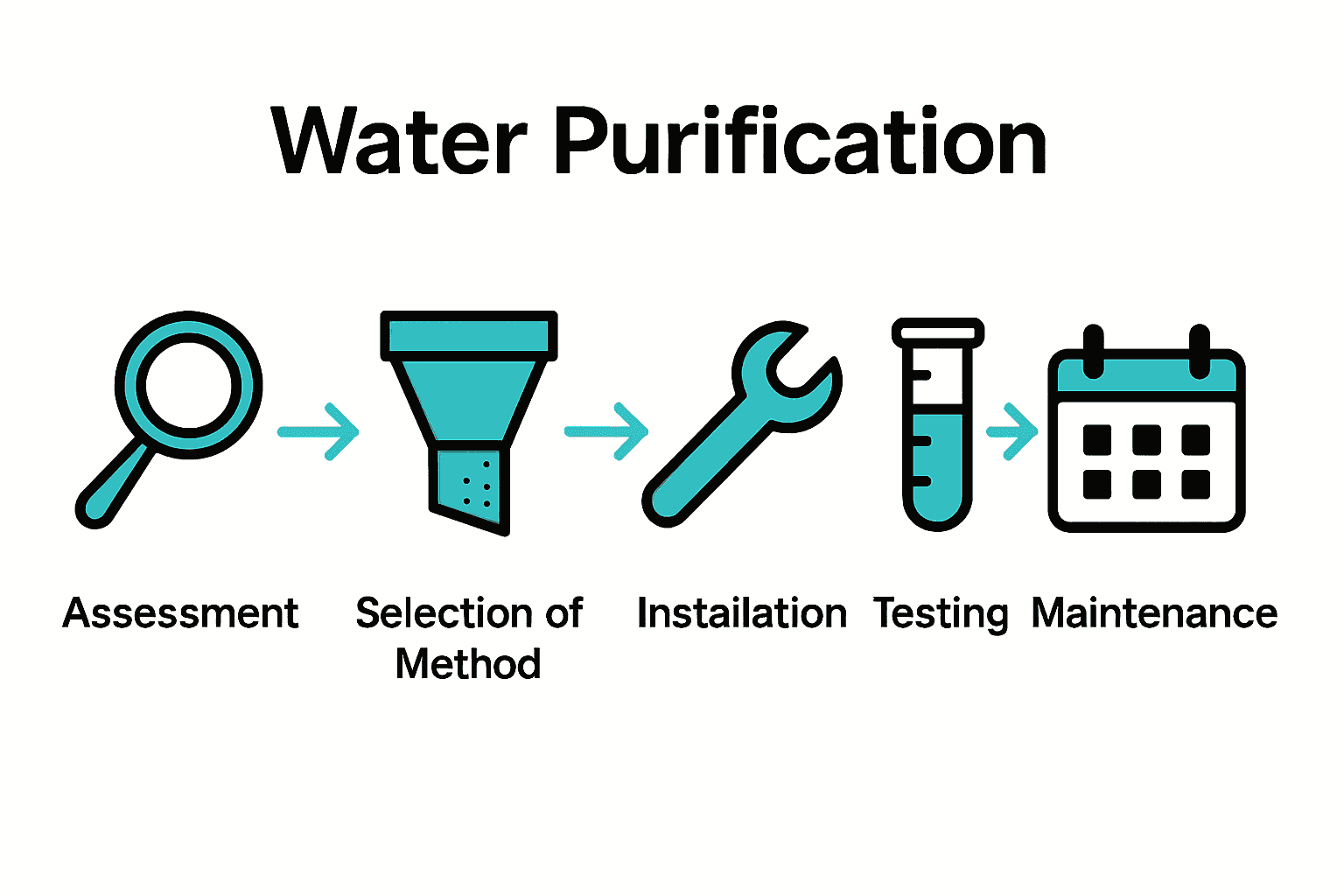 Infographic showing five steps of the water purification process with icons for each step.