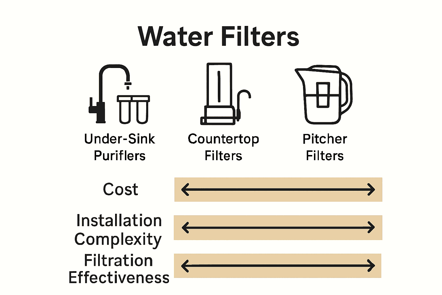 Infographic comparing under-sink, countertop, and pitcher water filtration systems