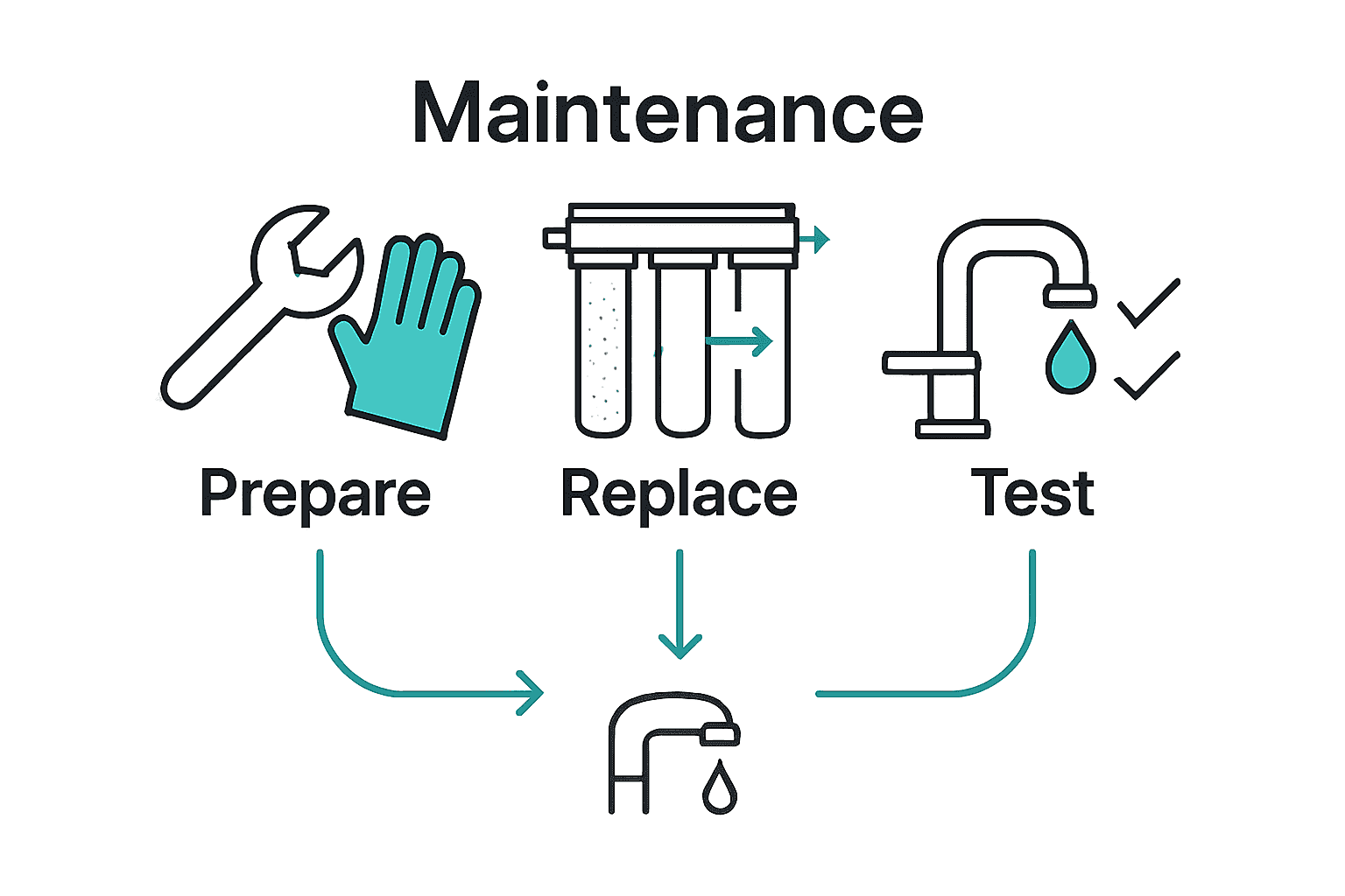 Visual sequence of water filter maintenance steps with tools, filter swap, and testing.