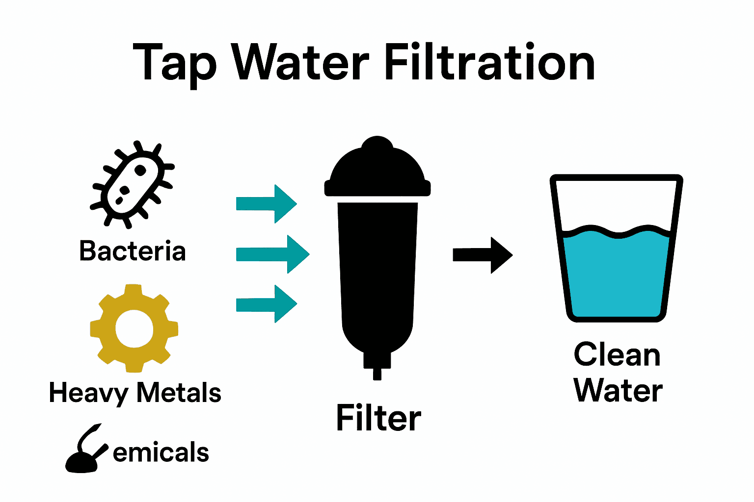 Infographic showing contaminants removed by water filtration with icons and arrows.