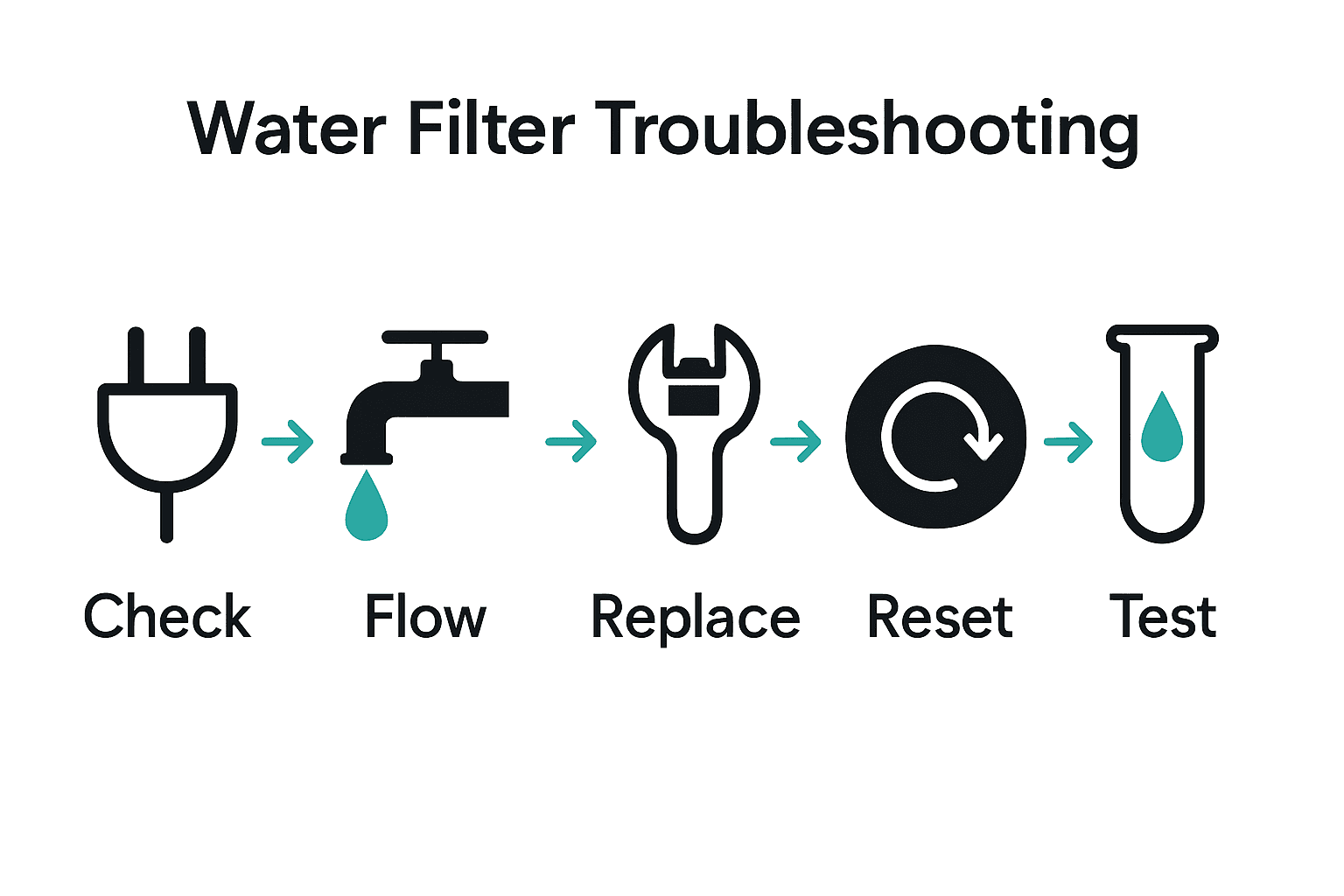 Infographic showing five water filter troubleshooting steps with icons and labels.