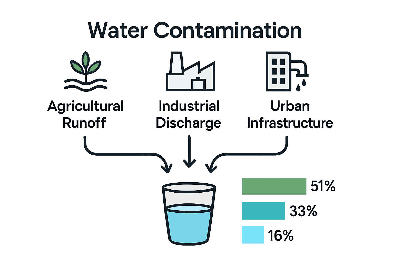 Infographic comparing sources of water contamination, with icons and a water glass.