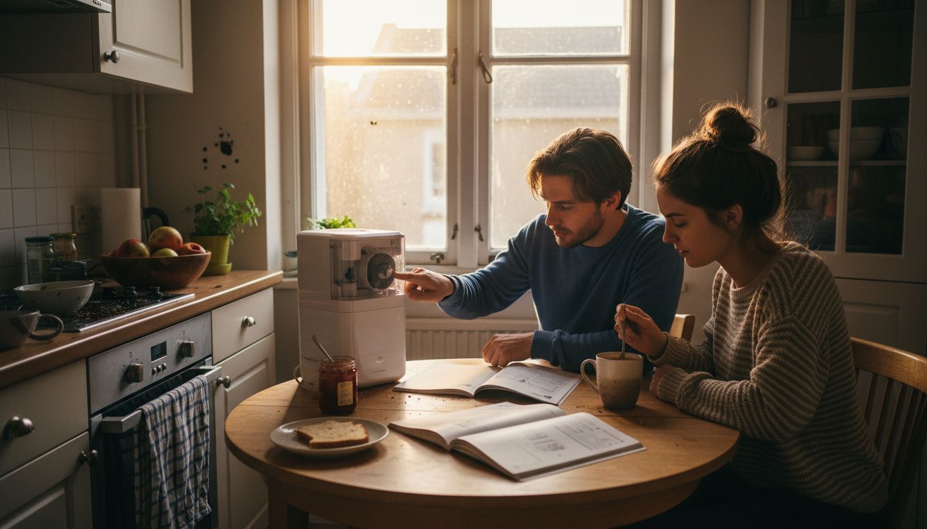 Couple reading water purifier manual at home