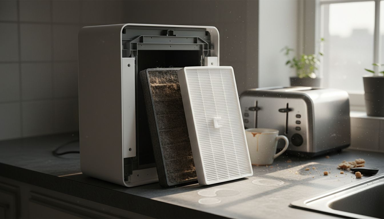 Close-up of air purifier filter with allergens