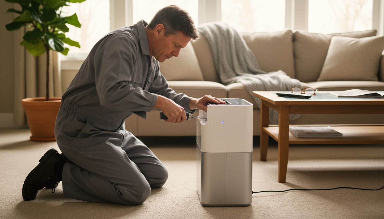 Technician servicing home air purifier unit