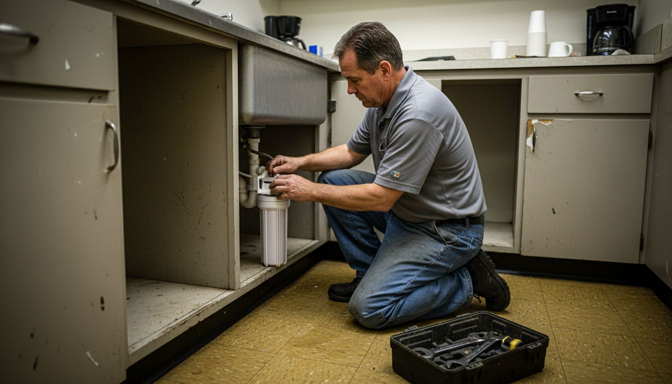 Plumber installing filter under breakroom sink
