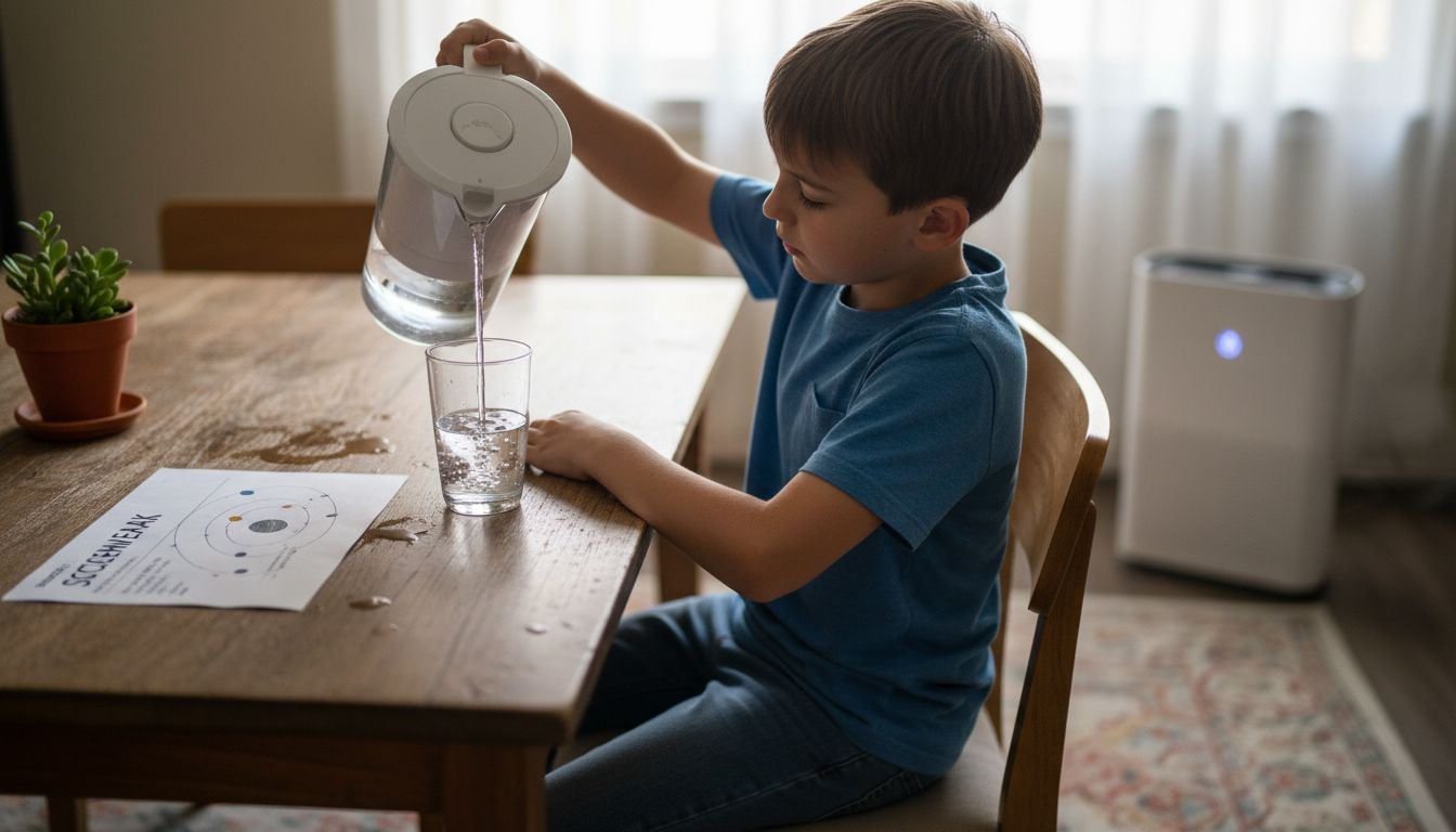 Child pours filtered water, home purifier visible