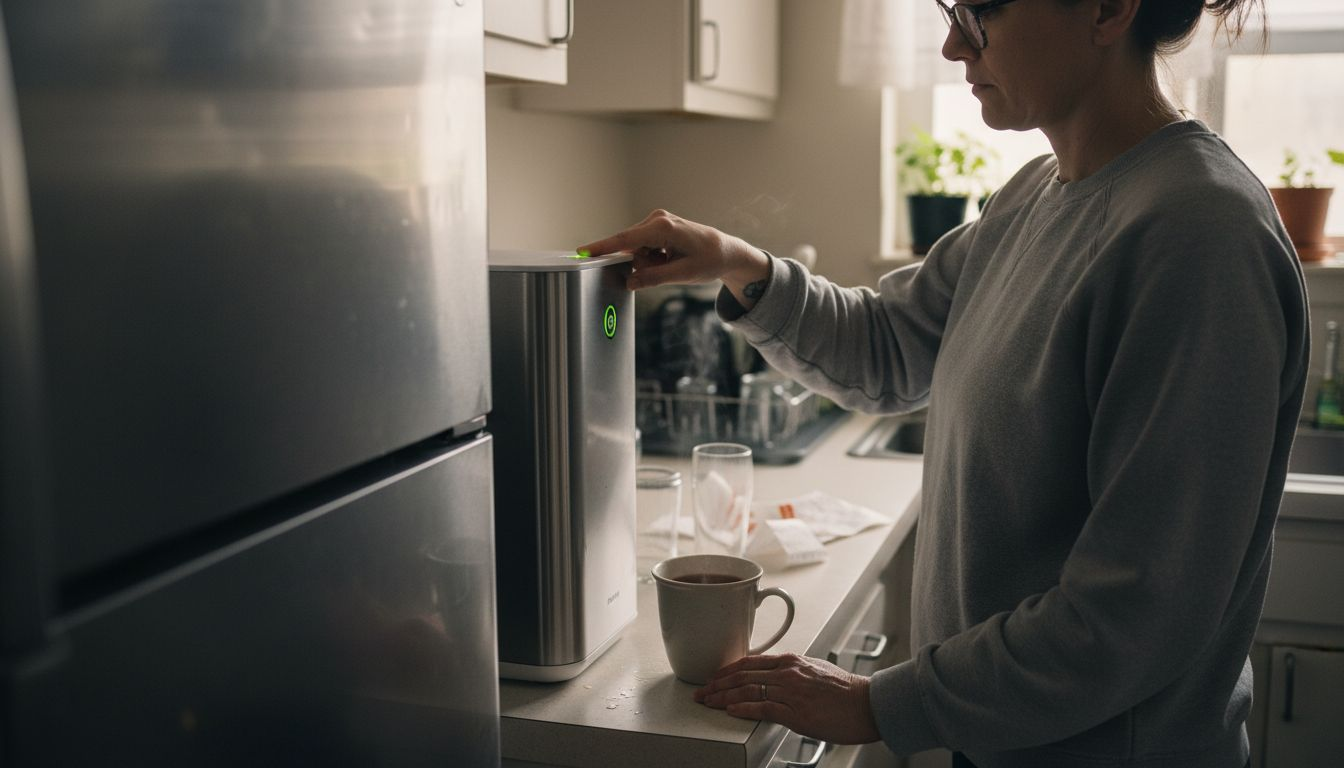 Woman checking countertop water filter status