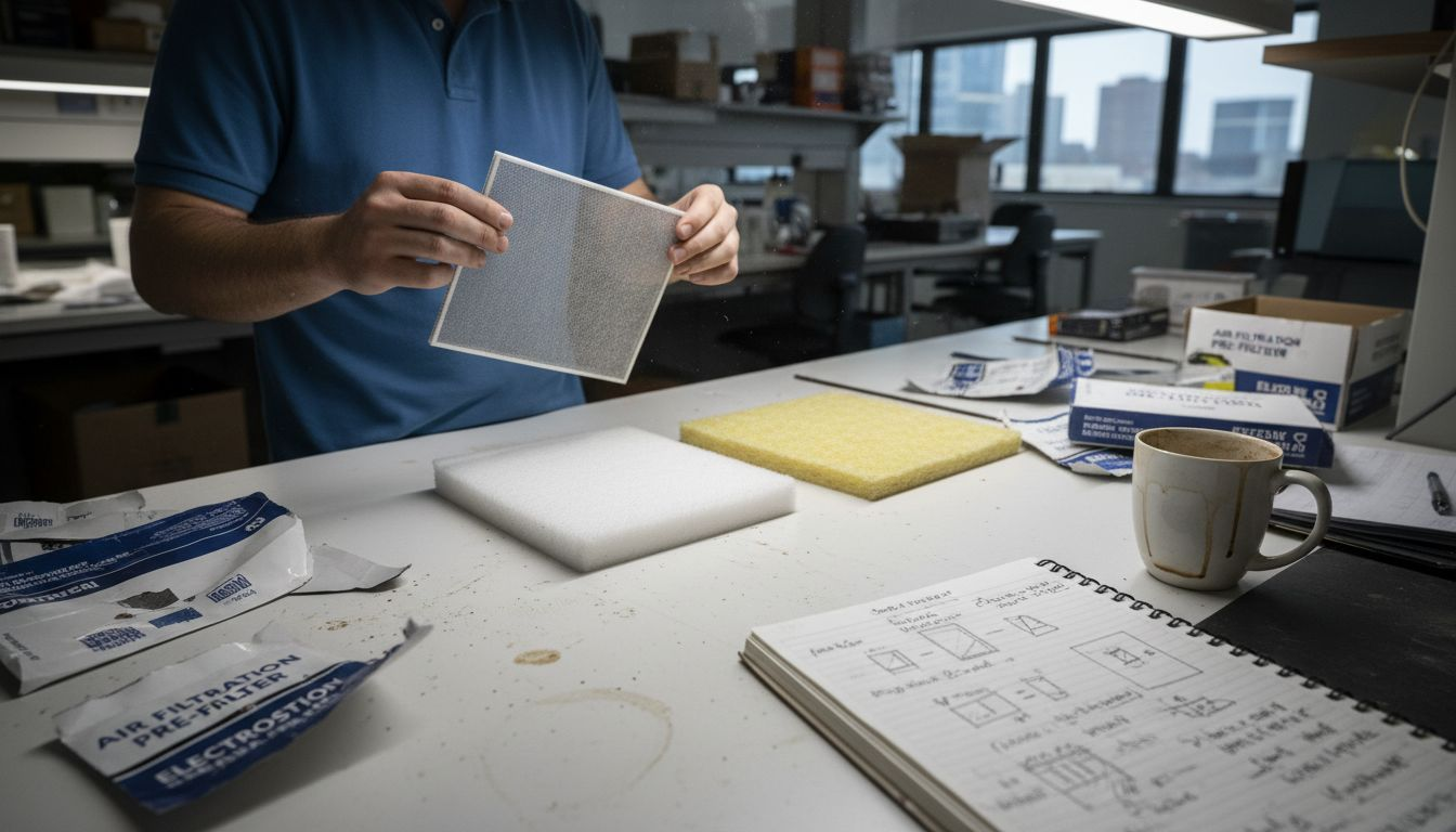 Technician comparing air purifier filter types