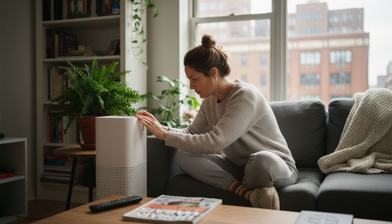 Woman adjusts air filtration unit in living room
