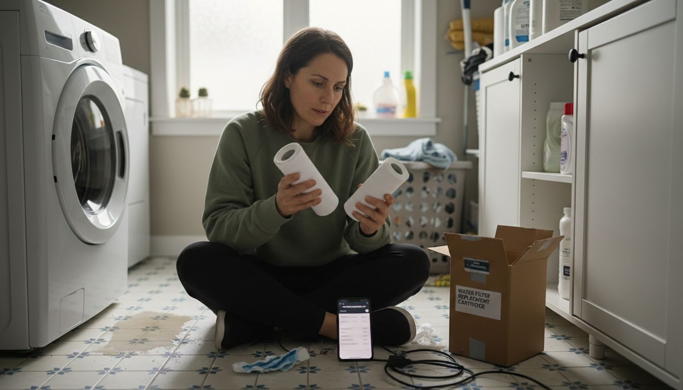 Woman comparing water filter cartridges on floor