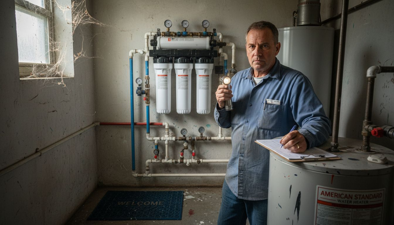 Plumber inspecting reverse osmosis filter setup