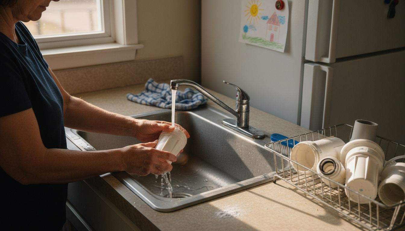Woman rinsing water filter parts in sink