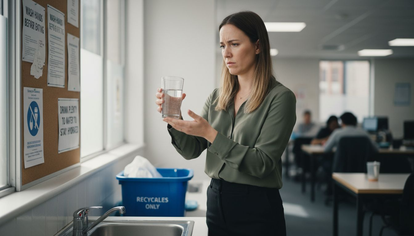 Worker inspecting tap water in office kitchenette