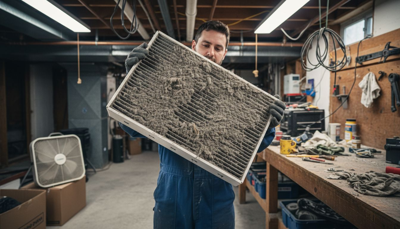 Close-up of dusty HEPA filter inspection