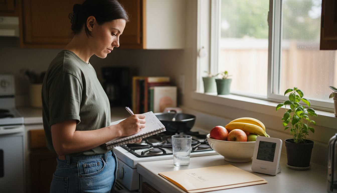 Woman conducts indoor air audit in kitchen