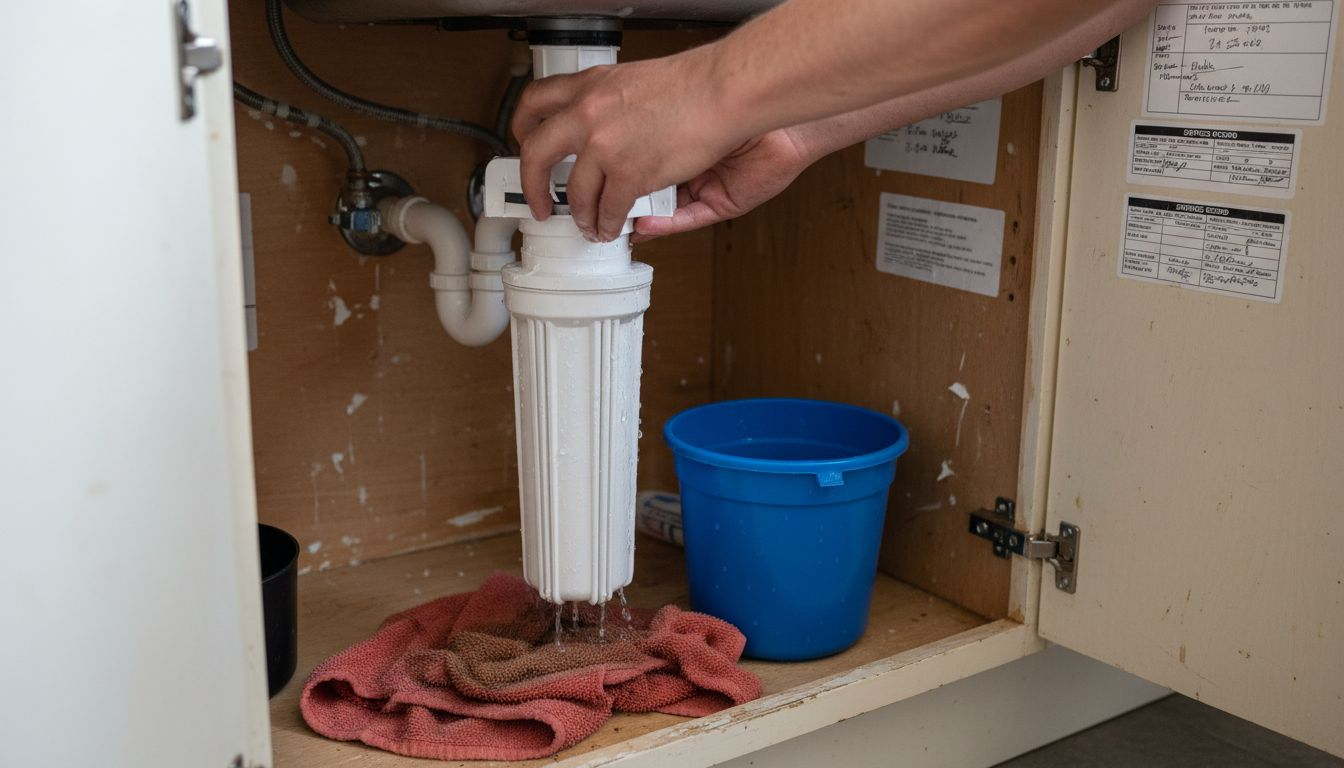 Hands unscrewing old water filter cartridge