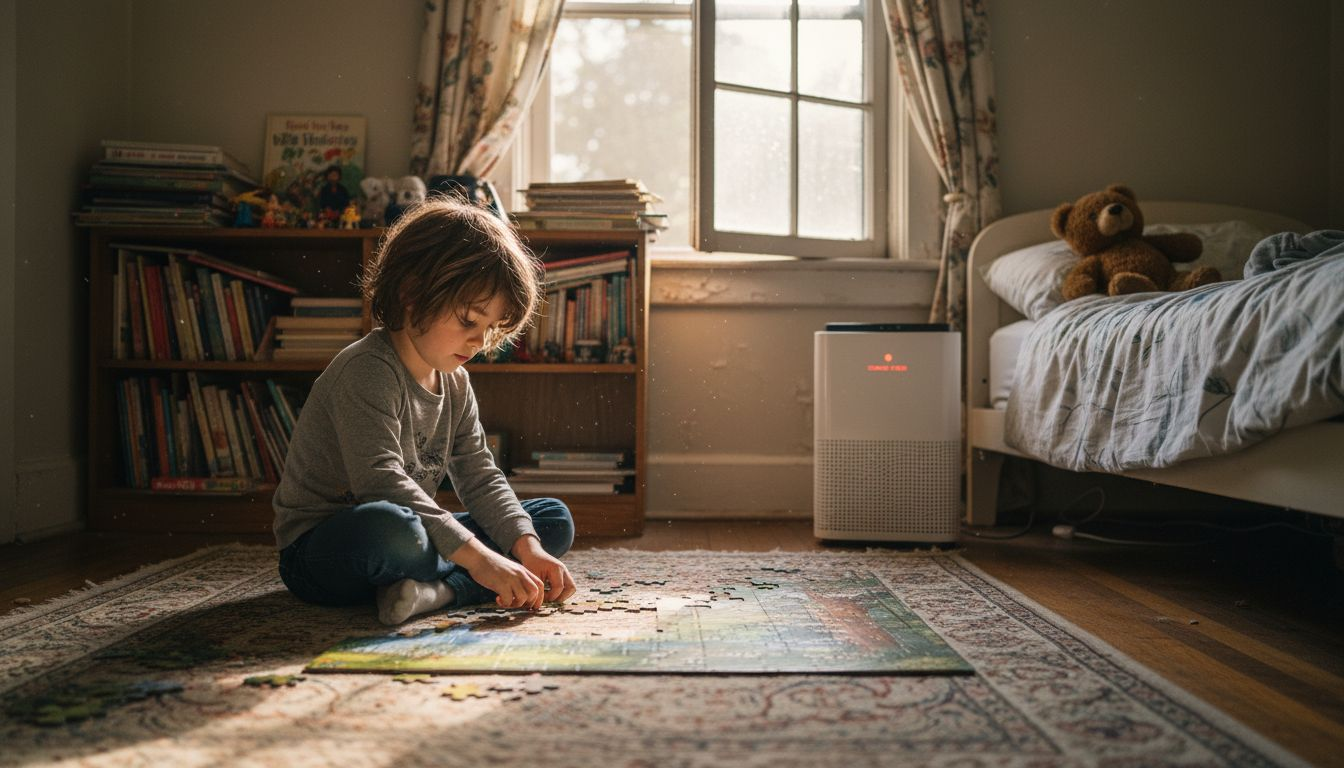 Child playing in dusty bedroom, air purifier nearby
