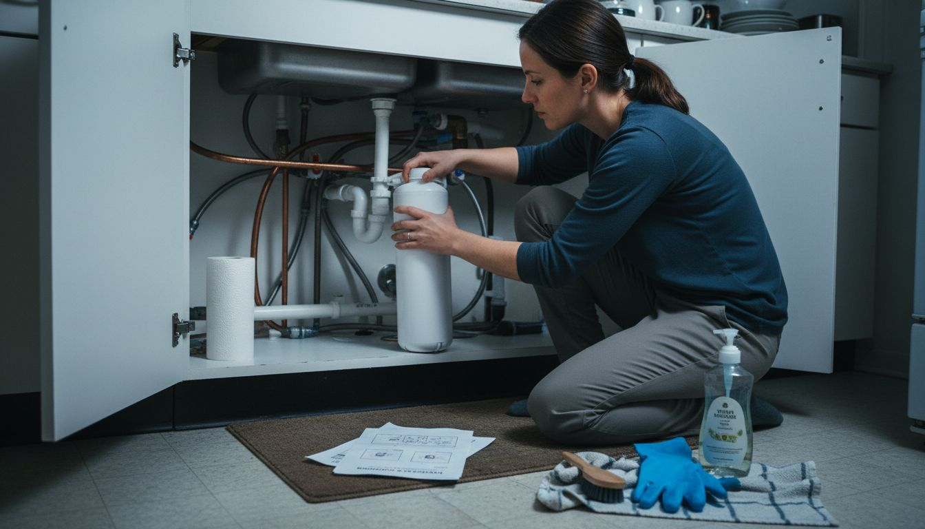 Cleaning water purifier filter in home kitchen