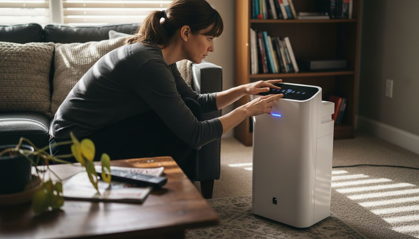Woman operating home UV air purifier
