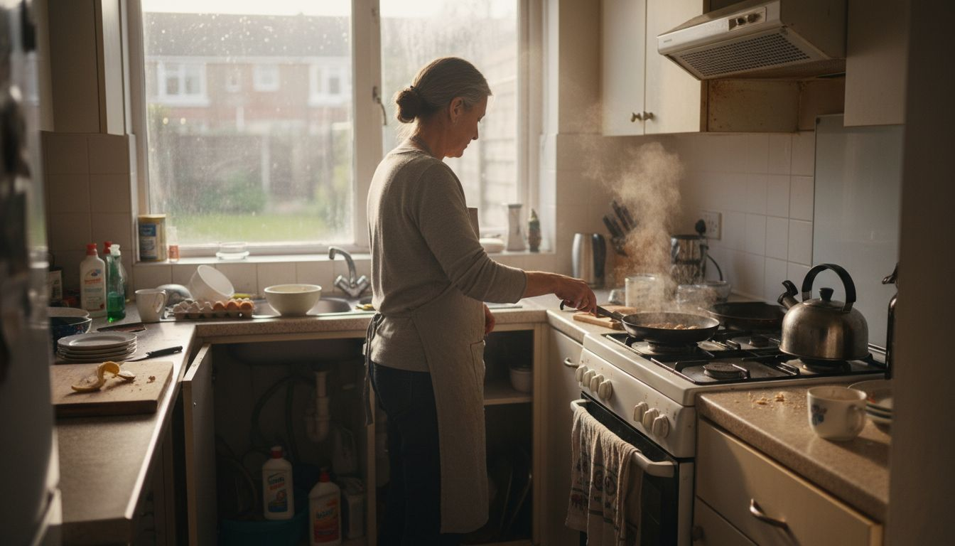 Cooking in kitchen with visible air pollutants