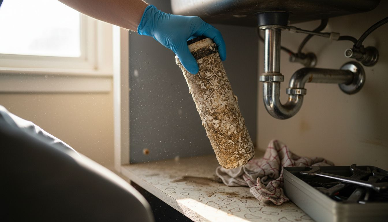 Dirty filter being removed from water line