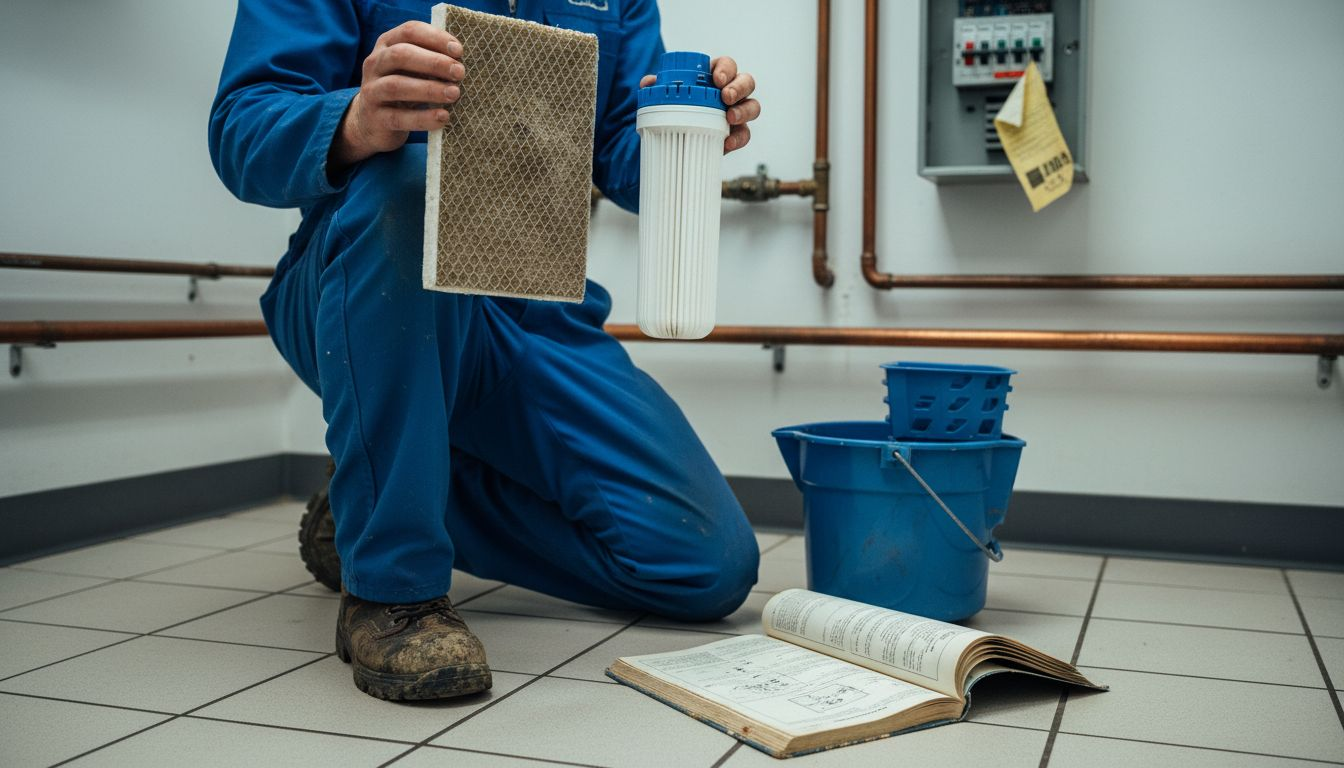 Technician comparing air and water pre-filter types