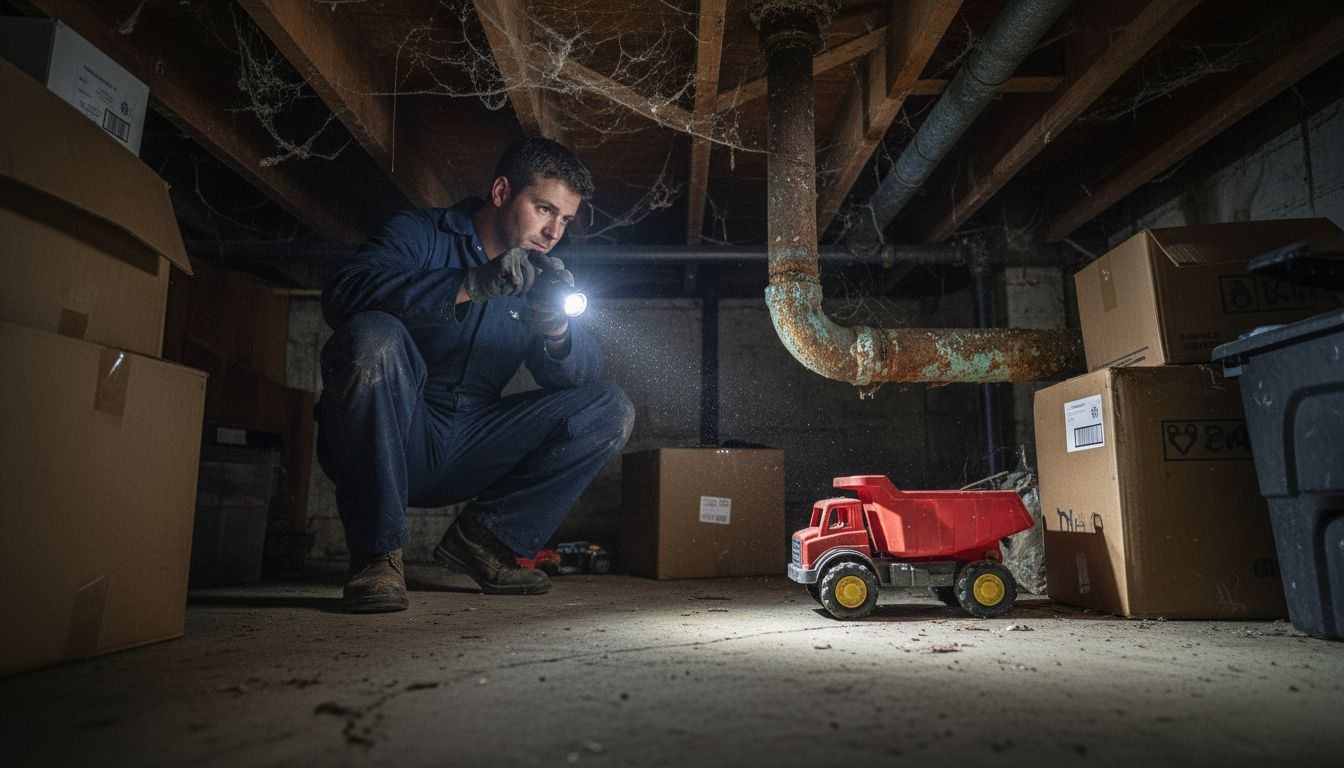 Worker inspecting old water pipe in basement