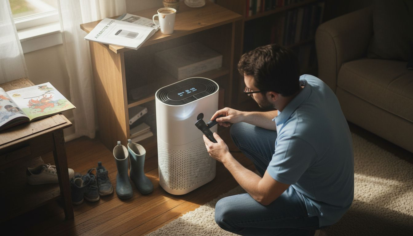 Technician inspecting smart air purifier sensor