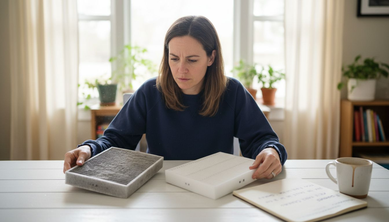 Woman inspecting dirty versus clean air filters