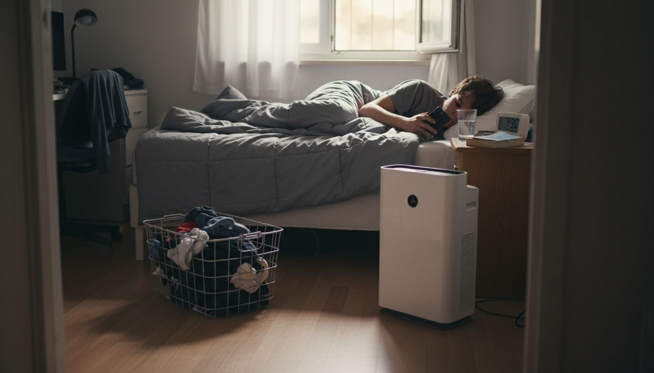 Teenager and air purifier in small bedroom