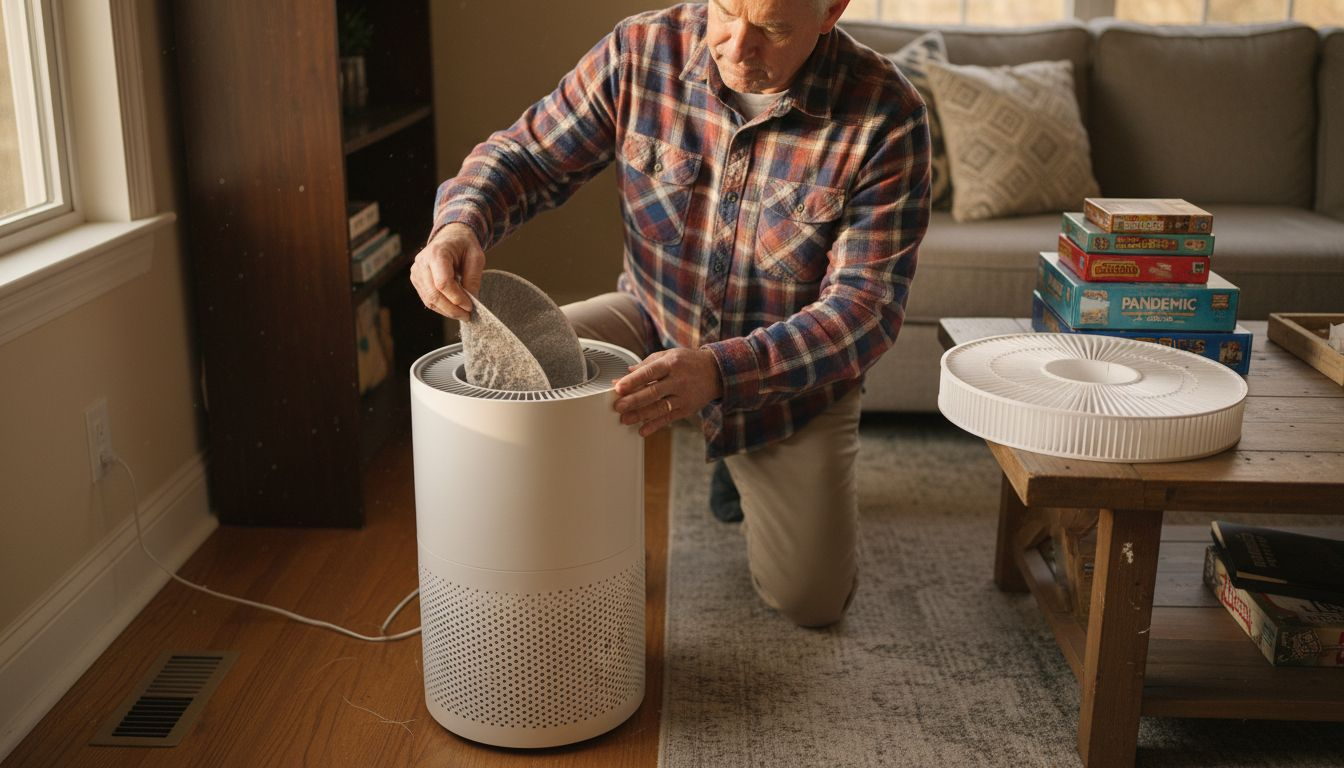 Man changing HEPA air filter in home