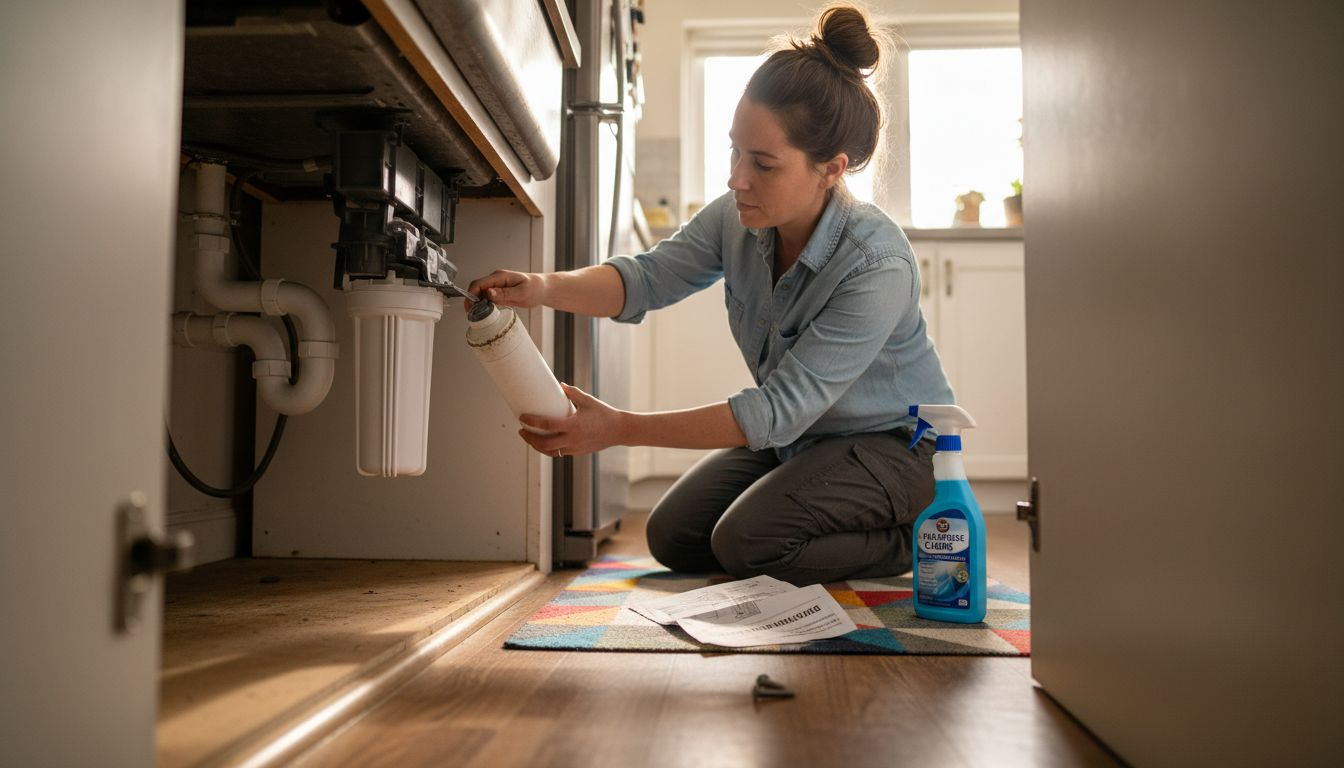 Changing water filter under kitchen sink
