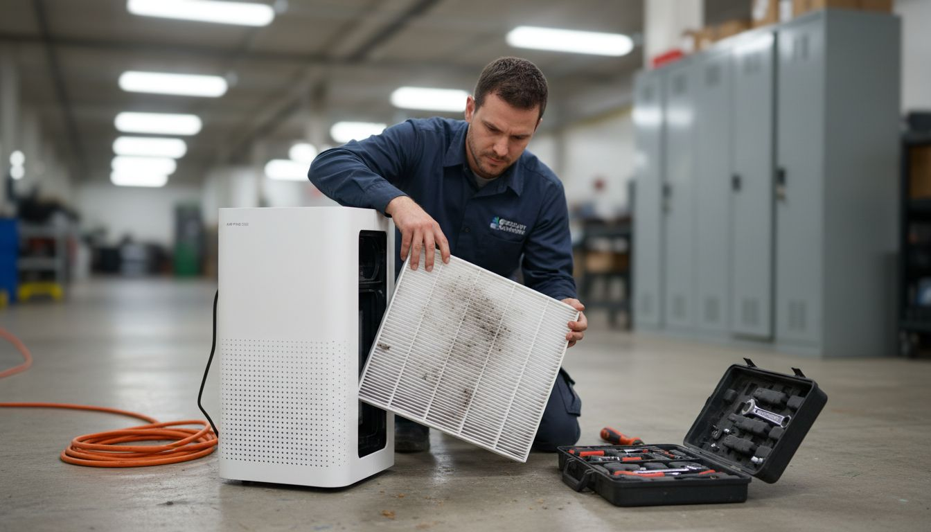 Technician changing dusty HEPA filter