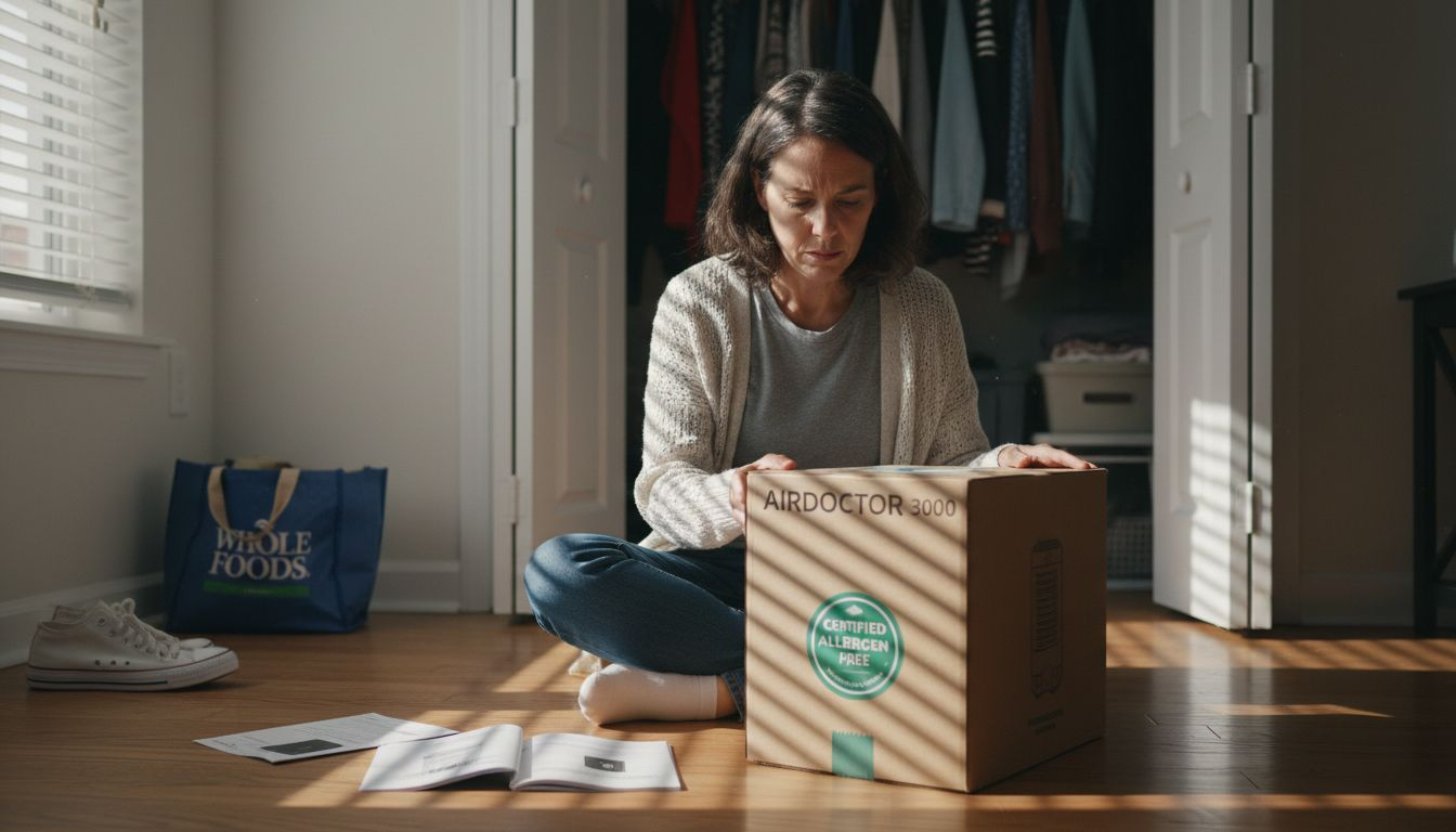 Person examines air purifier certification label