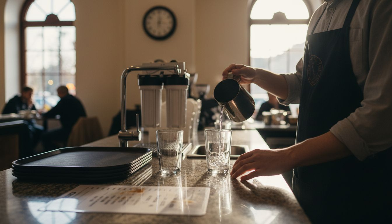 Worker pours filtered water in tasting area