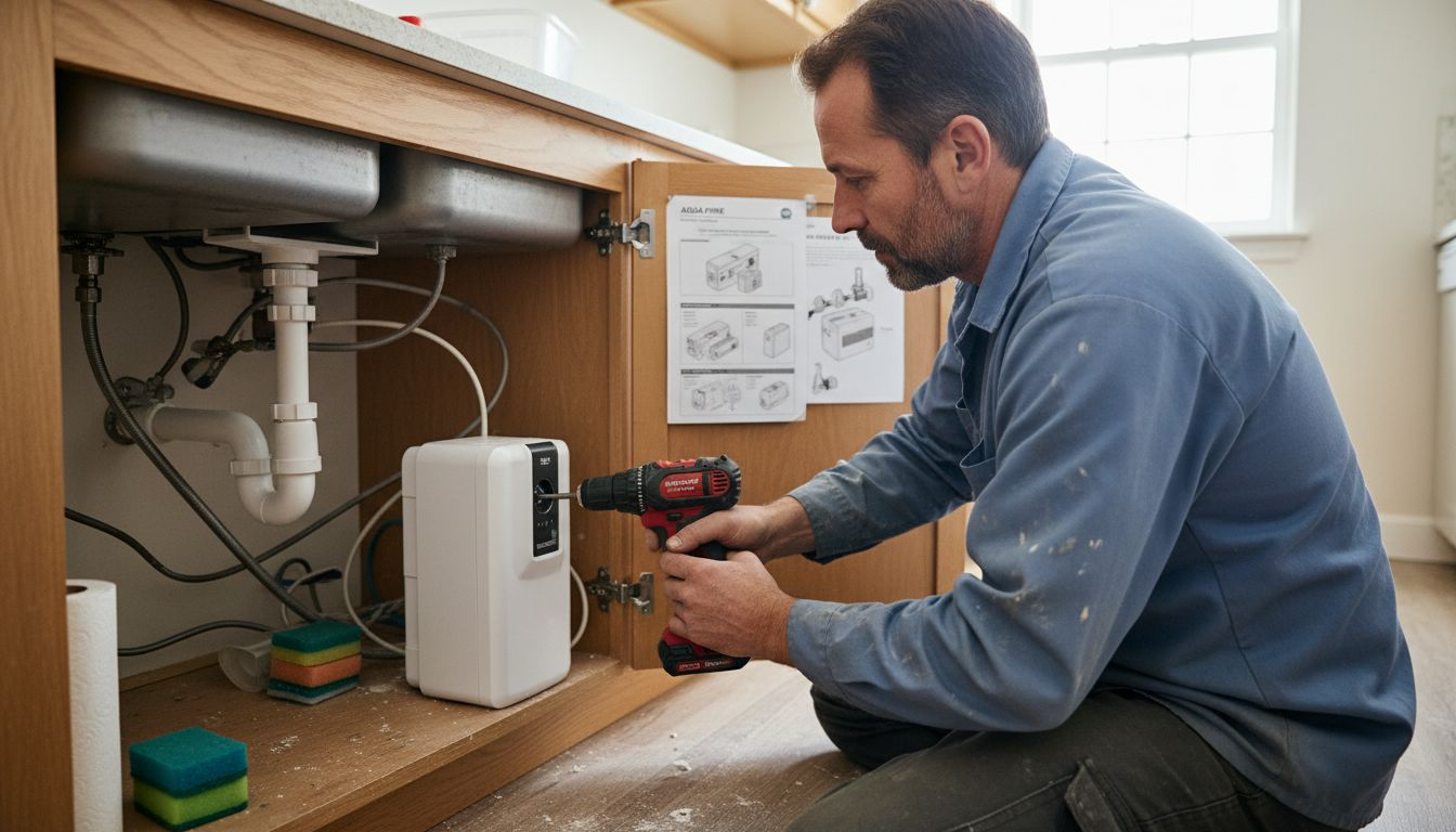 Person installing water purifier under kitchen sink