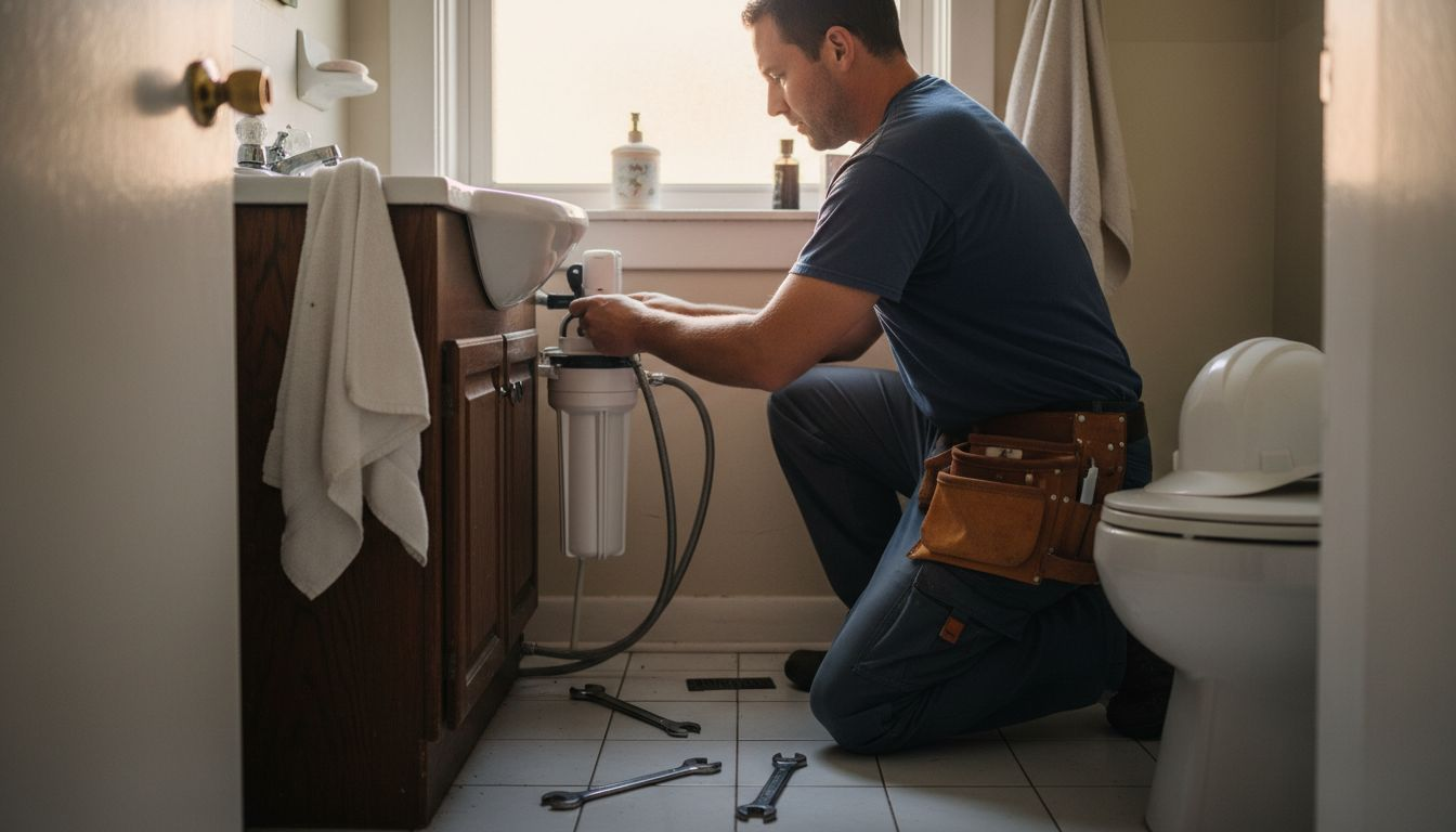 Plumber installs filtration system in bathroom