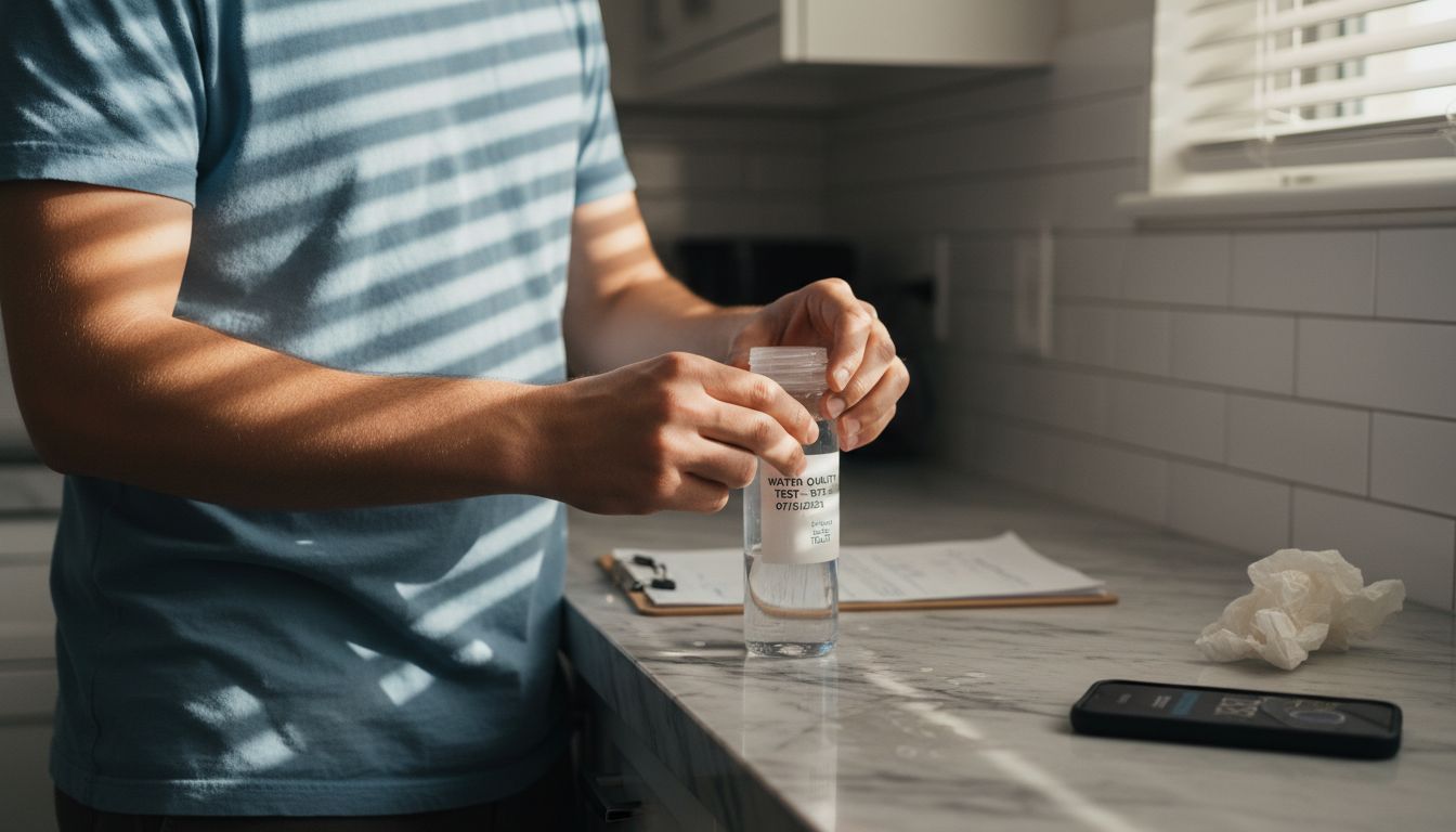 Man preparing labeled water sample bottle