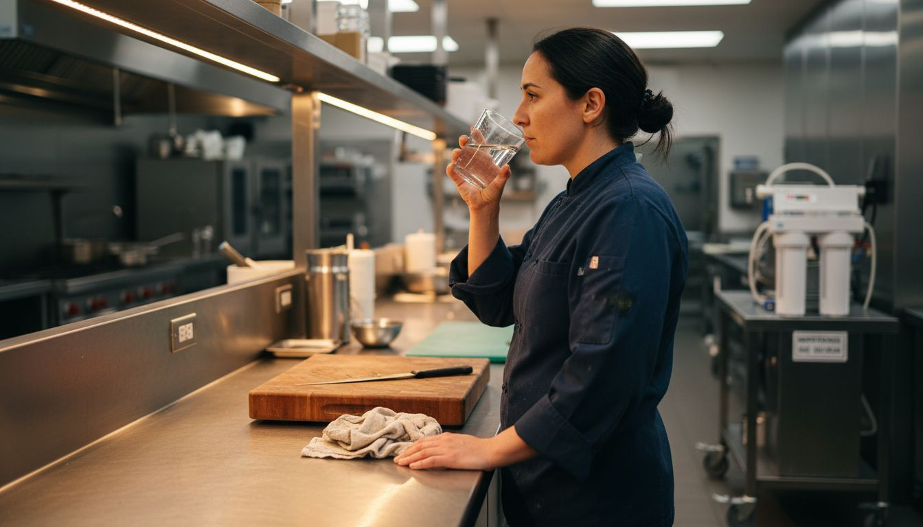 Chef tasting purified water in kitchen